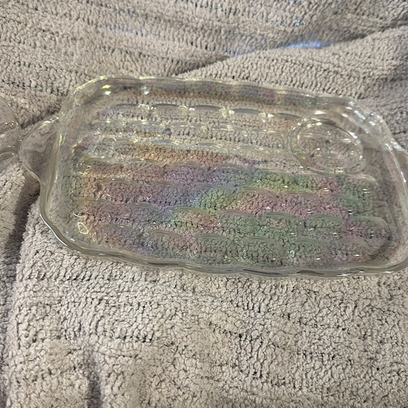 Vintage iridescent glass textured dish w/ space for 1 glass /see pics Beautiful - Picture 5 of 8